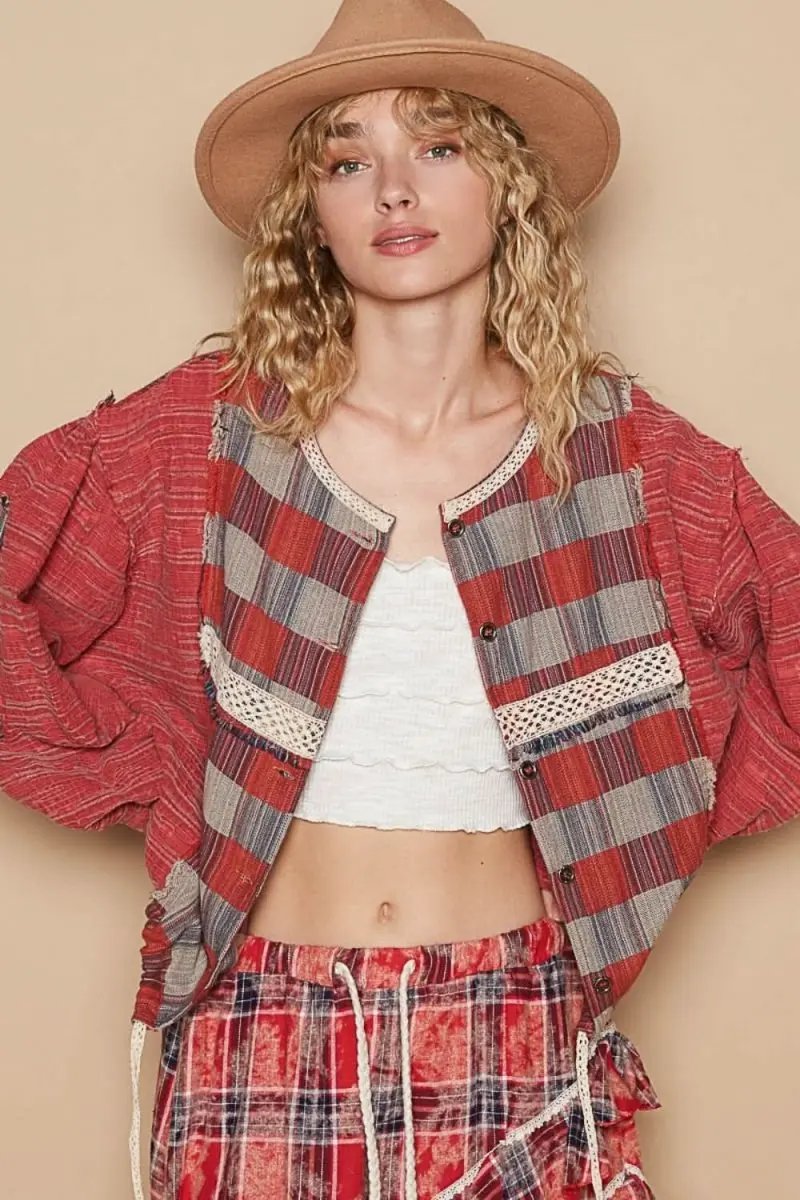POL Round Neck Long Sleeve Plaid Shirt - Love Salve